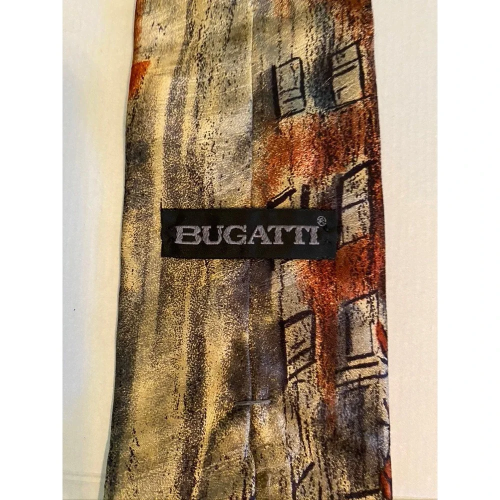 Bugatti Mens Silk Tie Italian Impressionist Street Scene Vintage Car Burgundy 4